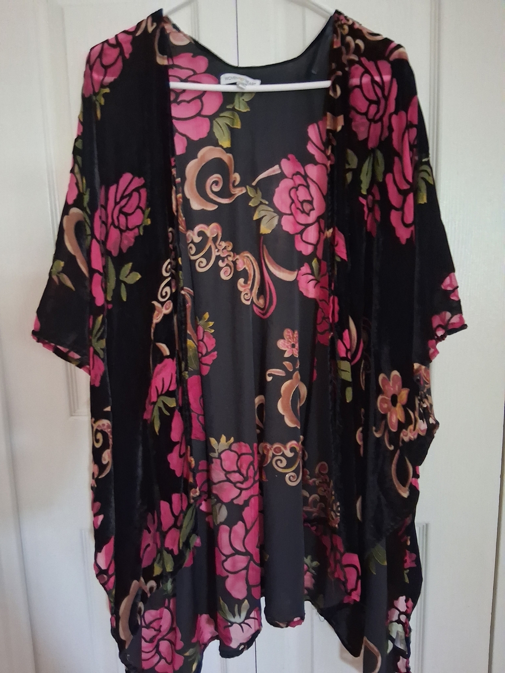 Woven Heart Black Floral Kimono with Pink and Green Accents